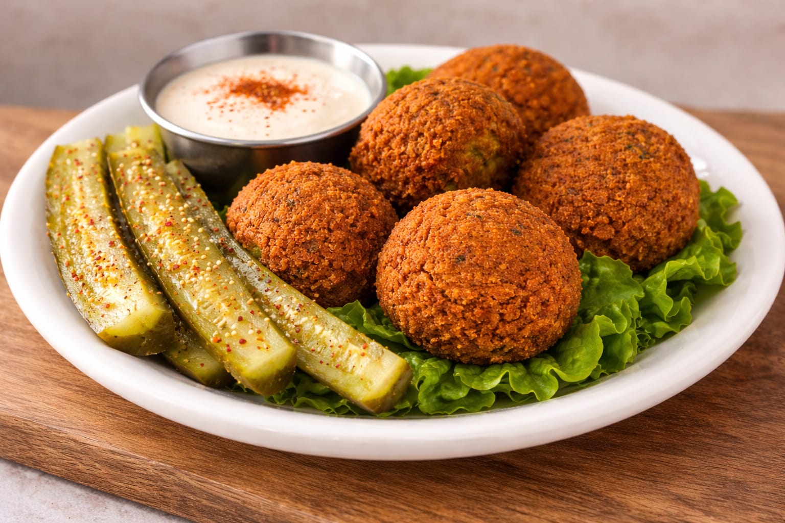 Fresh falafel with pickles and a creamy dip